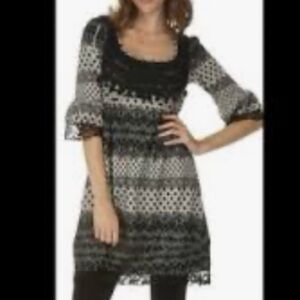 Whimsigoth Fairycore Gray Black Knit Jersey Lace Trim Dress